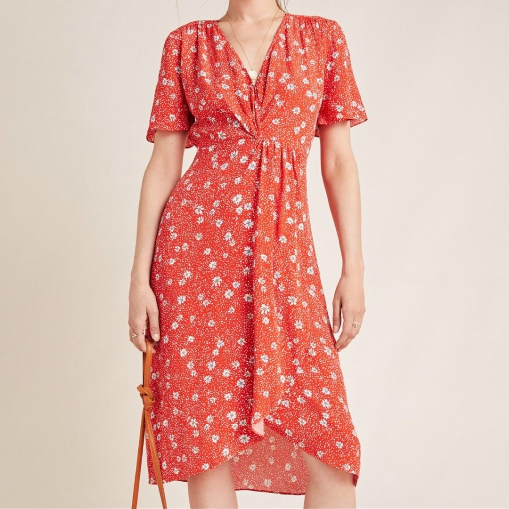 Kachel Anthropologie Orange Red Floral Print Short Sleeves Wrap Dress Us 2 Uk 6